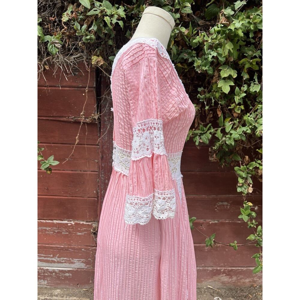 Vintage 60s Pink Lace Bell Sleeve Mexican Pintuck Wedding Bridal Maxi Dress - Picture 5 of 8